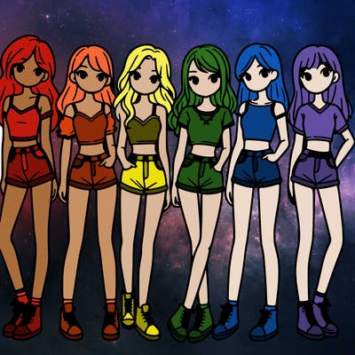 a group of girls wearing crop tops and shorts