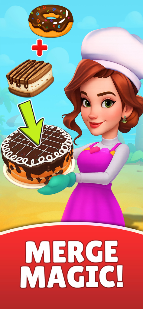 Mix and Merge Journey - A female chef character holding a chocolate cake showcasing the merge magic feature