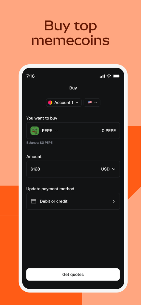 MetaMask: Crypto & Web3 Wallet - MetaMask 앱 인터페이스에서 사용자가 직불 또는 신용카드로 128달러에 PEPE 밈코인을 구매하는 모습 표시