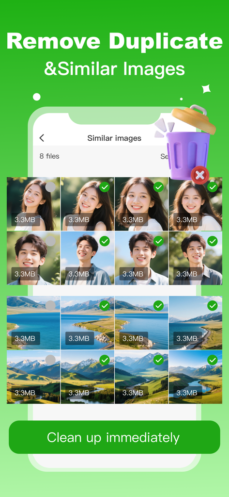 Interface of Clean Master app showing the feature to remove duplicate and similar photos with a selection grid.