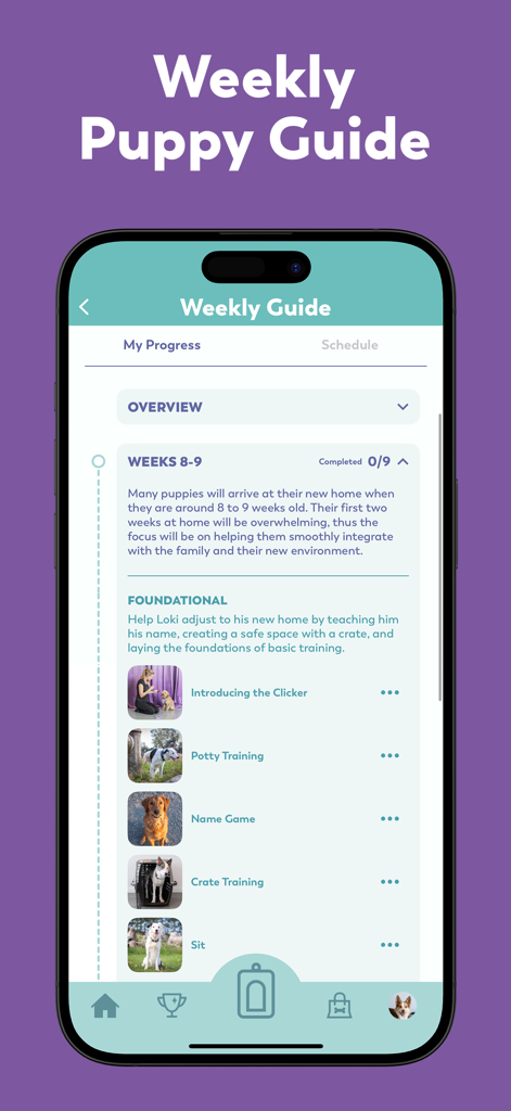Puppr - Dog Training & Tricks - The Puppr app Weekly Puppy Guide screen showing foundational lessons like potty training and crate training for puppies aged eight to nine weeks