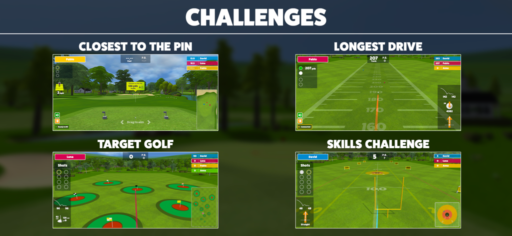 A four-panel preview of Awesome Golf Simulator game modes including Closest to the Pin, Longest Drive, Target Golf, and Skills Challenge.