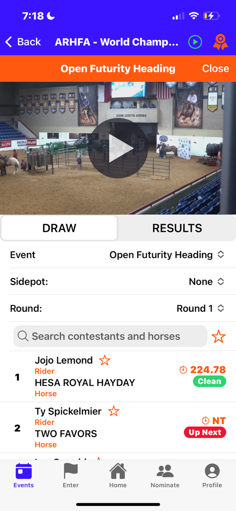 NextGenRodeo app showing a live arena video feed and a list of contestant draws and results.
