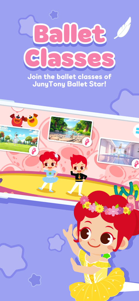 JunyTony - Learning & Games! - Personajes de Juny y Tony con trajes de ballet promocionando clases de ballet interactivas para niños
