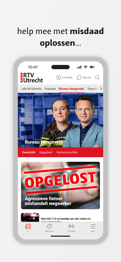 RTV Utrecht App-Bildschirm mit dem Abschnitt Bureau Hengeveld für lokale Kriminalnachrichten mit einem Stempel für den gelösten Status