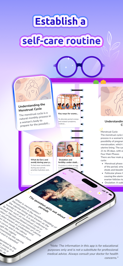 생리 주기와 자기 관리 루틴에 대한 교육 기사를 보여주는 모바일 앱 화면.