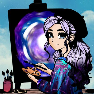 realistic girl artist painting a blank canvas