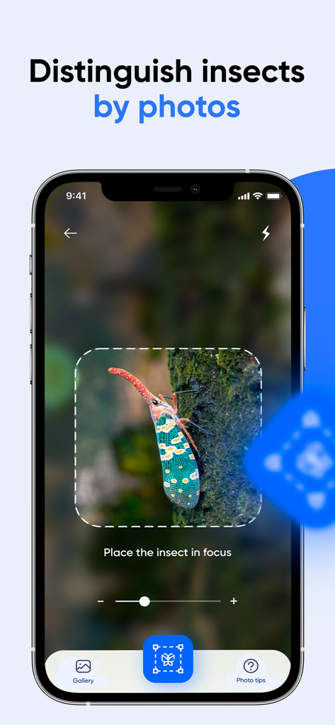 Bug Identifier: AI Insect id - Smartphone screen showing the Bug Identifier app camera interface identifying a colorful insect on a tree trunk.