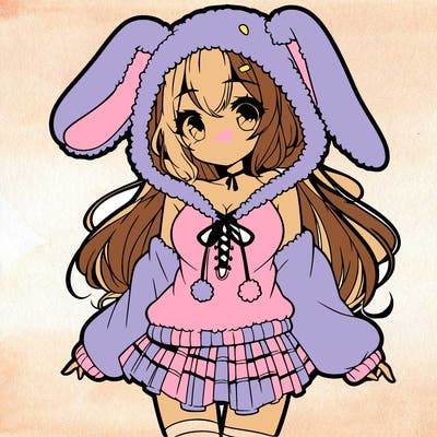 pretty anime girl wearing a fluffy hoodie with bunny ears on the hood and a skirt
