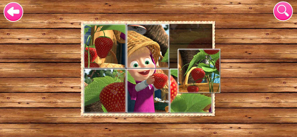 Masha from the cartoon series in a strawberry themed jigsaw puzzle game for kids