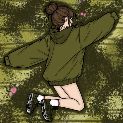 realistic girl jumping with a bun and oversized sweatshirt