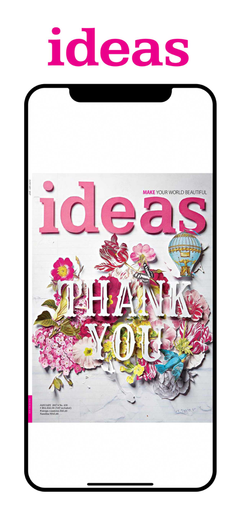 Ideas Magazine - Ideas Magazine app display featuring a floral cover design with the words Thank You