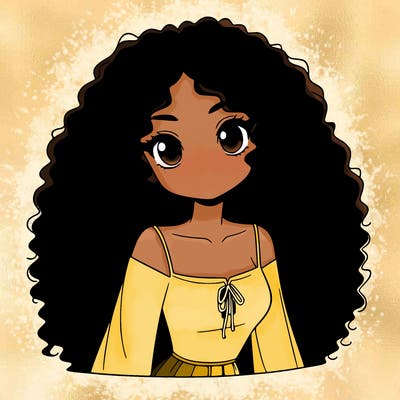 a black anime girl with long afro hair