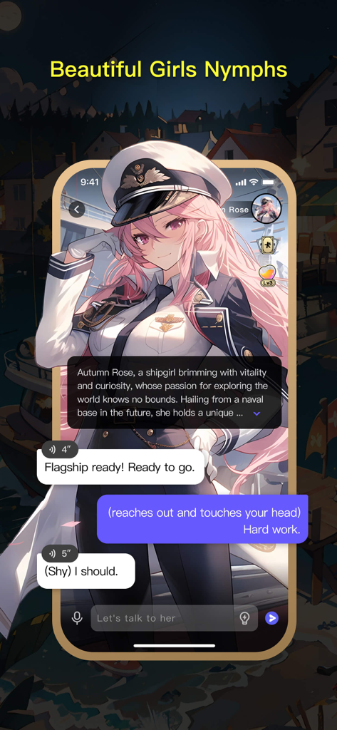Chat interface of the COSAI app showing a conversation with an anime character named Autumn Rose