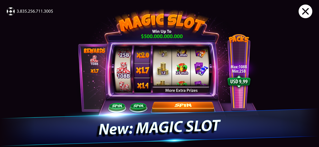 Minijuego Magic Slot en la aplicación Rest Poker Texas Holdem mostrando recompensas y el botón de girar.