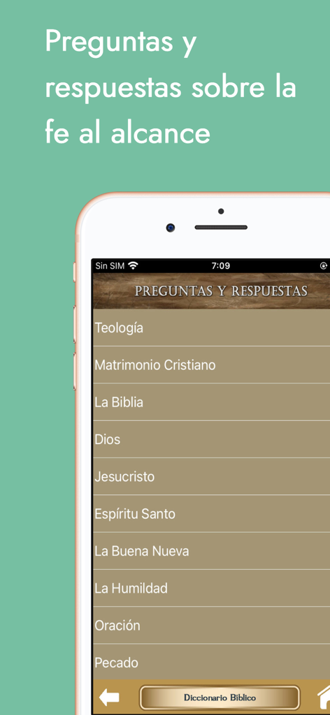 Diccionario Bíblico y Bibia - Pantalla de la aplicación Diccionario Bíblico mostrando preguntas y respuestas teológicas