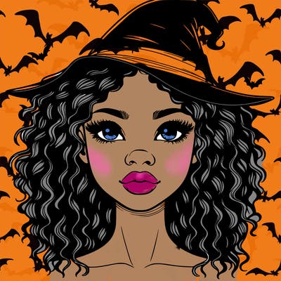 realistic black girl with wavy hair and witch hat and nose and lips