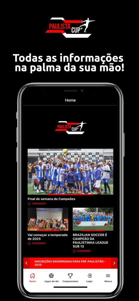 Paulista Cup - Startbildschirm der Paulista Cup-App mit Fußballnachrichten und Turnierinformationen