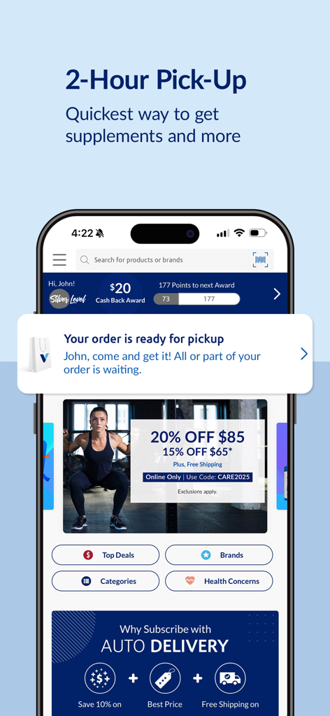 The Vitamin Shoppe app interface highlighting a 2-hour order pickup notification and Healthy Awards member dashboard