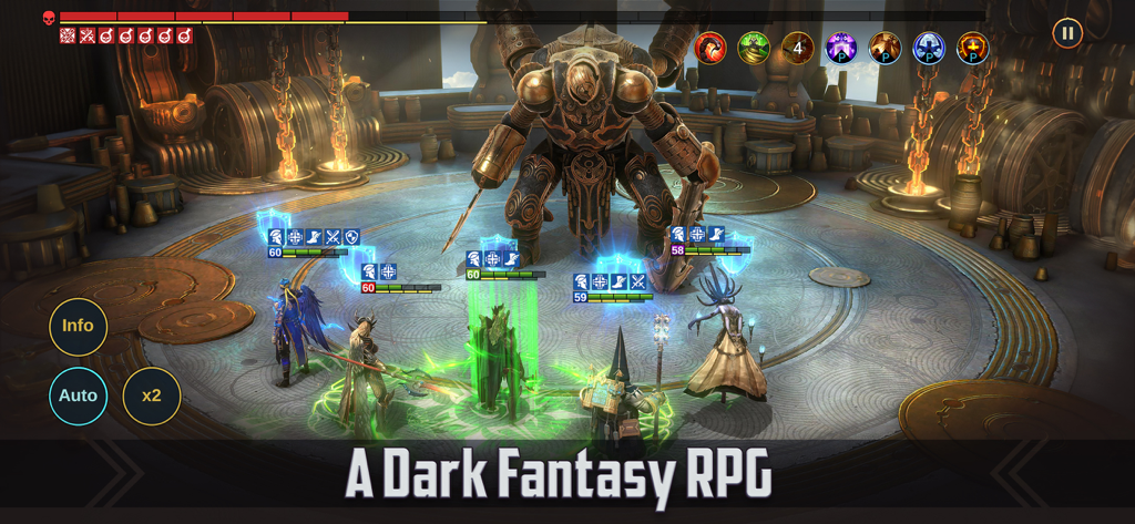 A group of champions fighting a giant boss in the dark fantasy RPG RAID Shadow Legends