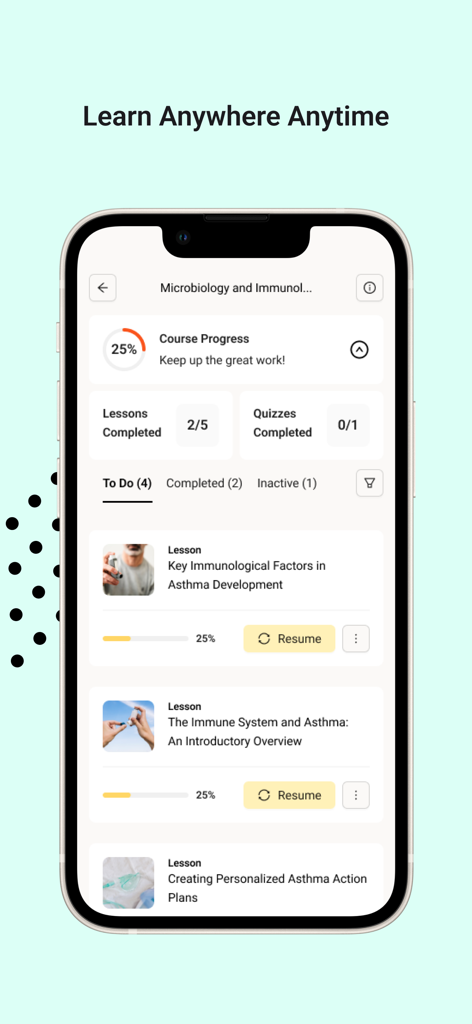 Ethos Systems - Interfaz de la aplicación móvil Ethos Systems que muestra el progreso del aprendizaje y la lista de lecciones.