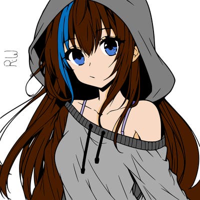 anime girl wearing long sleeve wearing hood, one shoulder sliding off side ways portrait