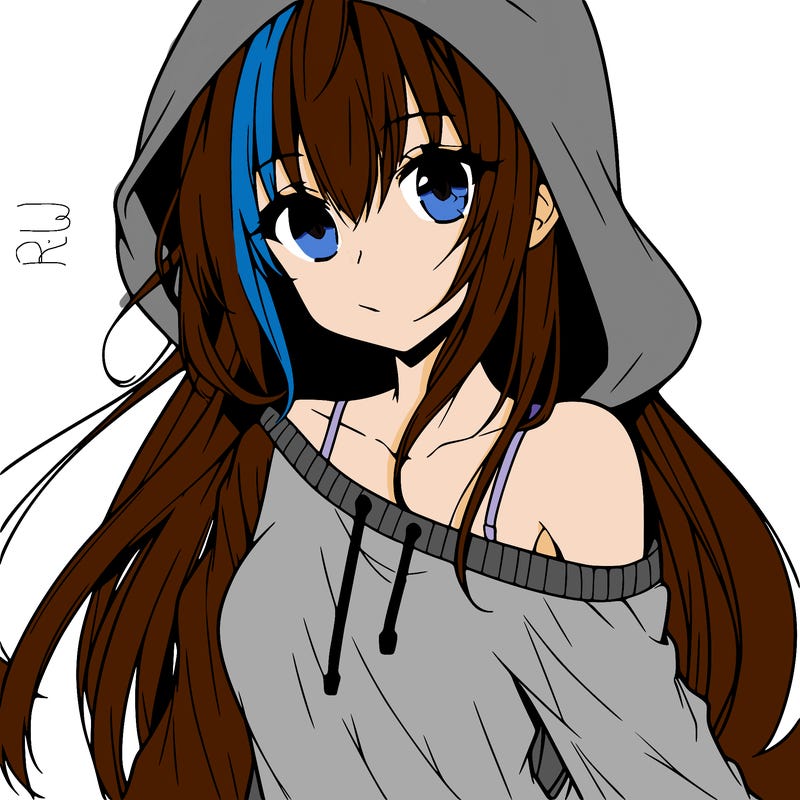anime girl wearing long sleeve wearing hood, one shoulder sliding off side ways portrait