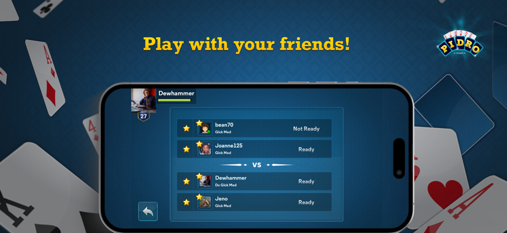 Multiplayer lobby screen of Pidro card game showing four players ready for a two versus two match