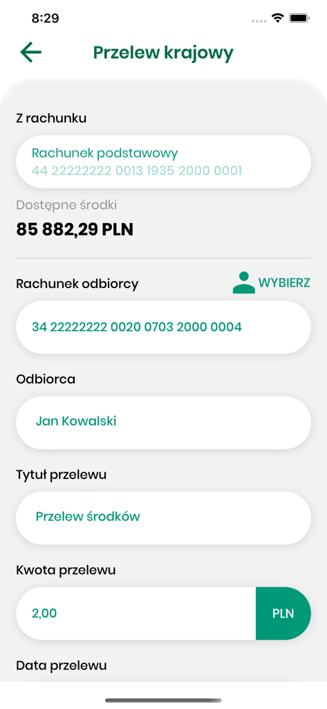 PSBank.pl - PSBank.plモバイルアプリの国内送金画面。ポーランドズロチでの送金が可能です。