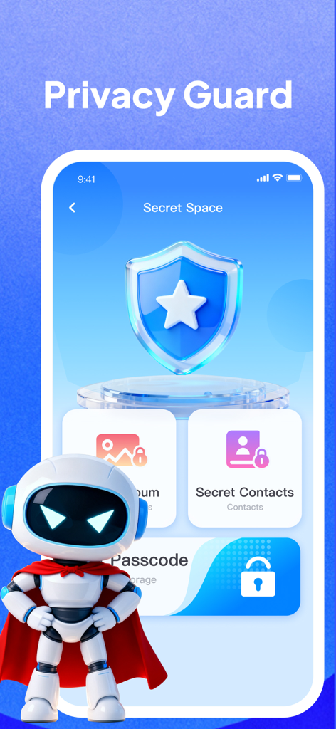 Smart Cleaner-Ai Cleaner - Aplicativo Smart Cleaner mostrando os recursos de Privacy Guard e Secret Space com um mascote robô