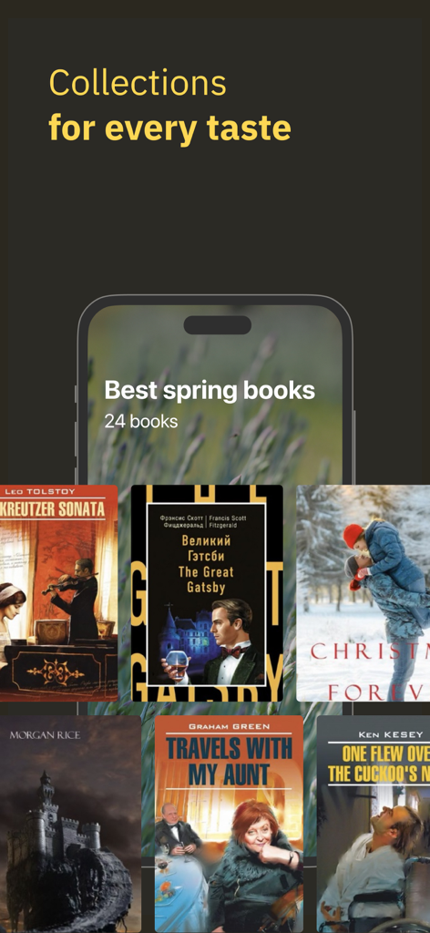 MyBook: books and audiobooks - MyBook mobile app screen showcasing curated book collections for different tastes.