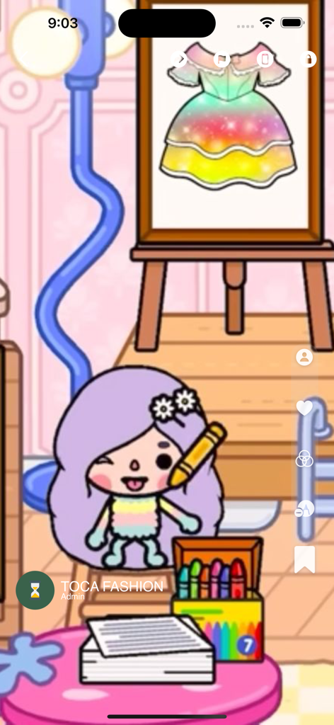 Toca Boca fashion design ideas - A Toca Boca character designing a colorful rainbow dress on an easel with crayons