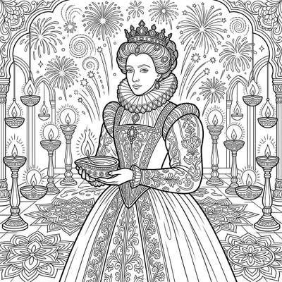 Step into a world where history meets festivity with this unique coloring page. A majestic Renaissance ruler is elegantly portrayed amidst the vibrant symbols of Diwali, waiting for your creative touch.