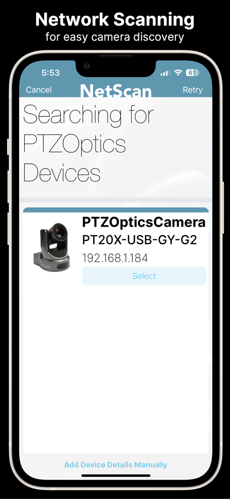 PTZControl Pro 2 by PTZOptics™ - The NetScan feature of the PTZControl Pro 2 app searching for and listing discovered PTZOptics cameras