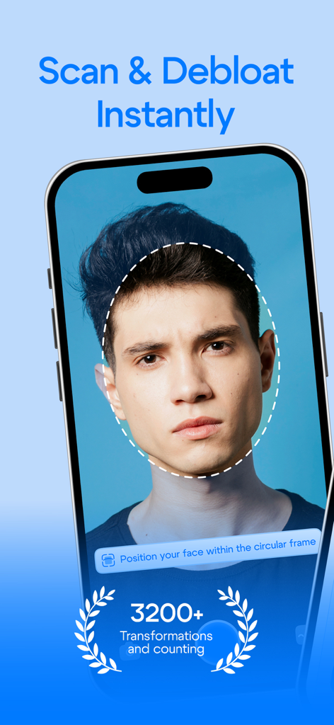 Bloat Down App-Oberfläche, die einen KI-Gesichtsscan für Männer zur Reduzierung von Schwellungen zeigt.