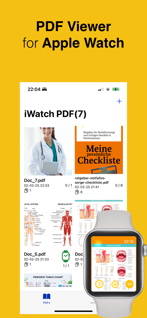 PDF Watch Reader: Watch PDF - A mobile app interface displaying a list of PDF documents on an iPhone and a synced anatomical diagram on an Apple Watch.