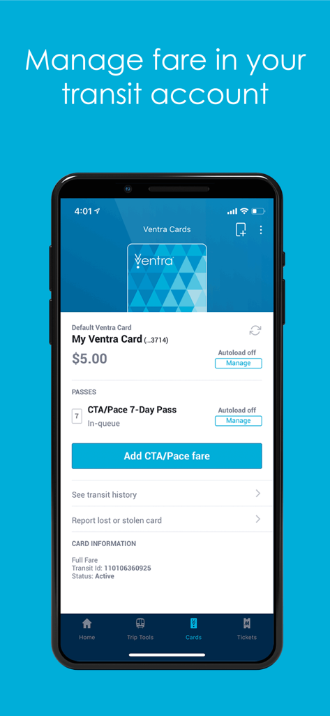 Interface do aplicativo Ventra em um smartphone mostrando o saldo do cartão de transporte e opções de gerenciamento de passes para CTA e Pace