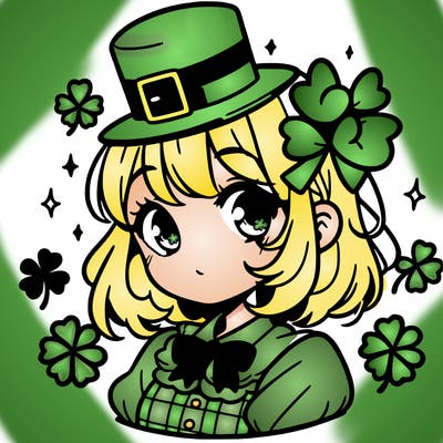 a manga-style girl with clovers around her, a little hat in her hair, like it's saint patrick's day