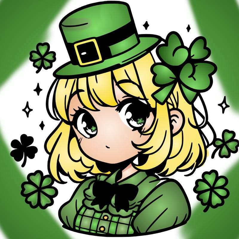 a manga-style girl with clovers around her, a little hat in her hair, like it's saint patrick's day