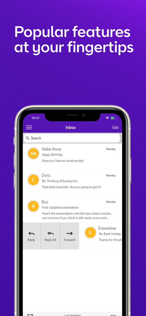 BT Email - BT Email app inbox interface on iPhone showing message list and swipe actions