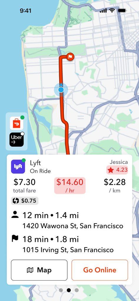 Interface de l'application Mystro Driver affichant les détails de la course Lyft et les données de revenus sur une carte de San Francisco