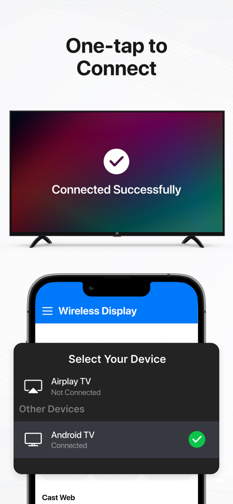 Wireless Display - TV+ - Interface de l'application Affichage sans fil montrant un iPhone connecté à un téléviseur Android pour la duplication d'écran.