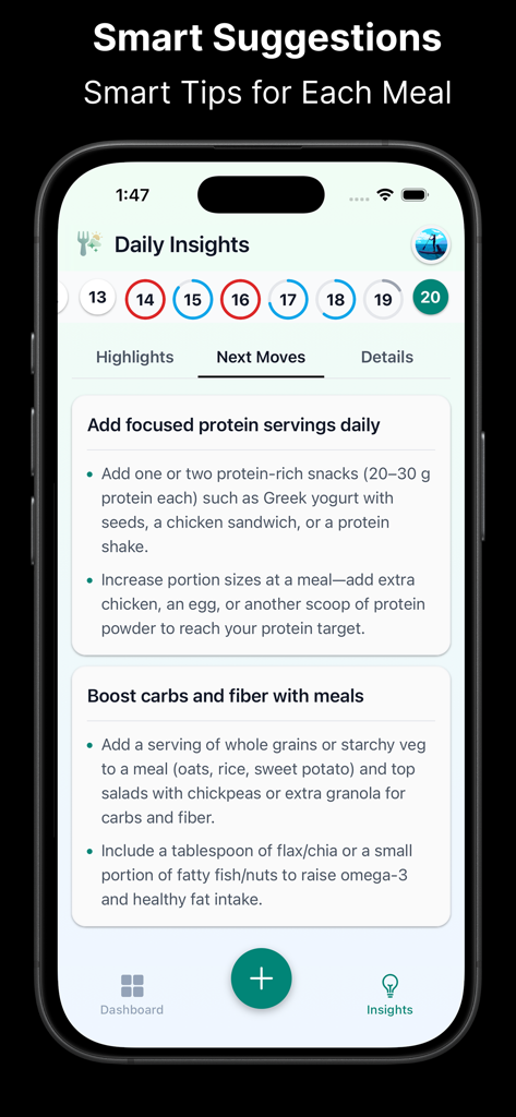 NutriShot AI - Calorie Counter - Aplicativo NutriShot AI exibindo insights diários e dicas personalizadas de refeições para proteínas e fibras