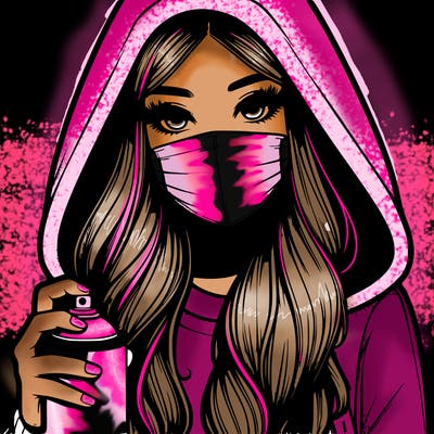 girl wearing a mask with long hair with her hood up spray-painting realistic