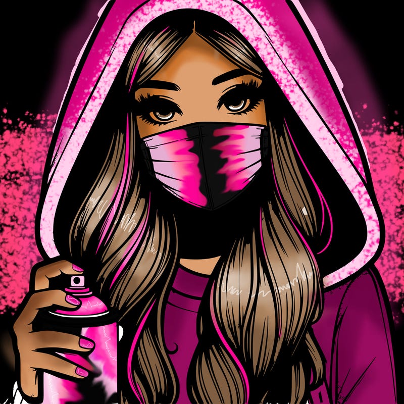 girl wearing a mask with long hair with her hood up spray-painting realistic
