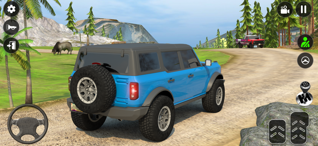 Blue 4x4 SUV on a mountain dirt road in the Offroad Jeep Driving Simulator game.