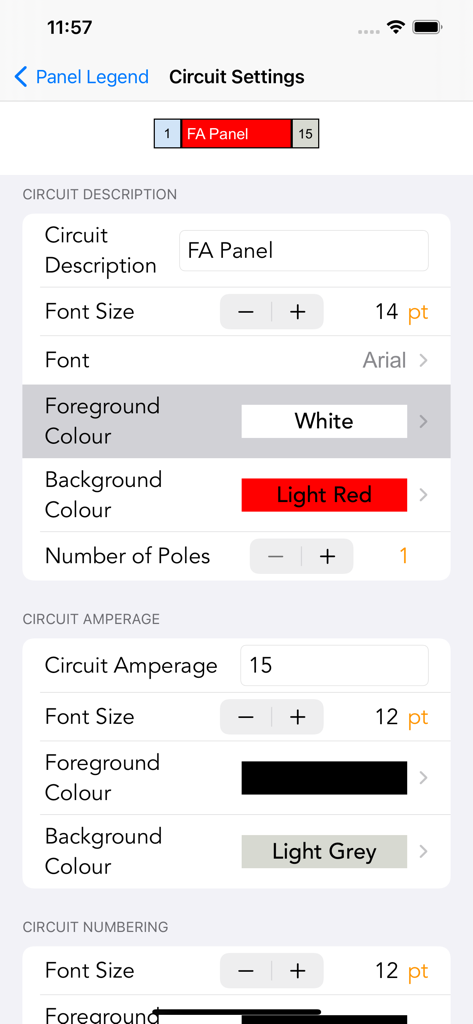 Panel Legend 2 - Pantalla de configuración de circuitos en la aplicación Panel Legend 2 mostrando opciones de personalización para etiquetas de circuitos, amperaje y codificación por colores