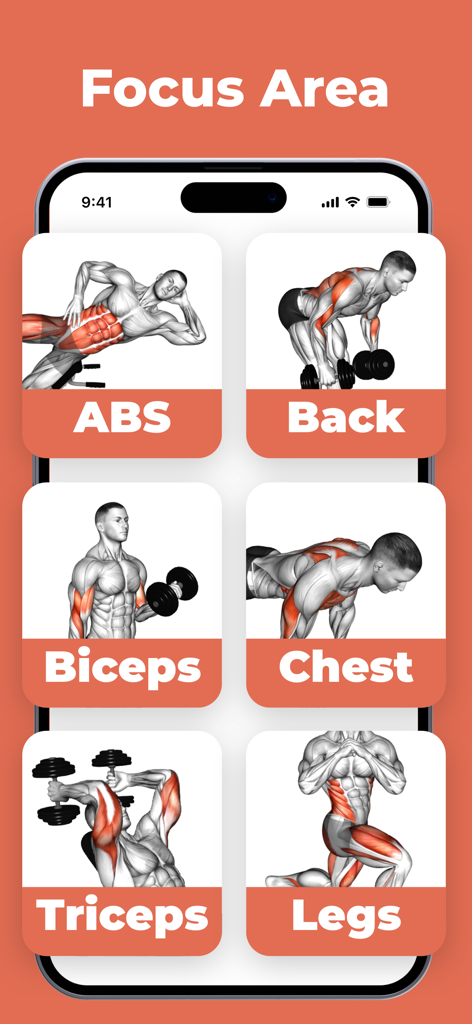 A mobile app interface displaying different muscle group focus areas including abs, back, biceps, chest, triceps, and legs with anatomical exercise illustrations.