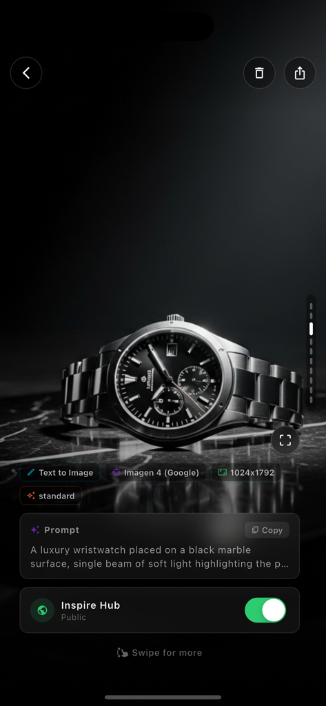 ChatAgent AI Chat Ask Anything - Relógio de luxo gerado por IA em mármore preto dentro da interface do estúdio de arte do ChatAgent.