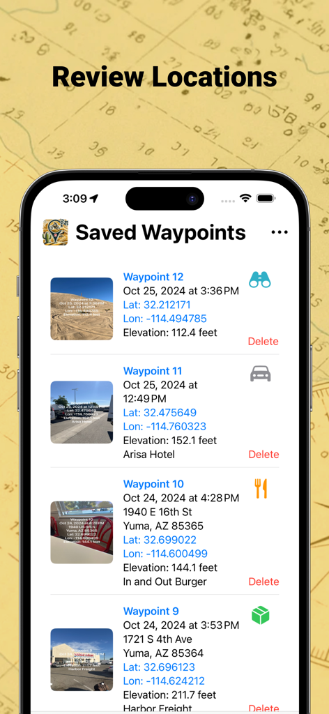 GPS Waypoint - MyGPSWaypoints - A list of saved GPS waypoints on an iPhone showing coordinates, elevation, and location photos.